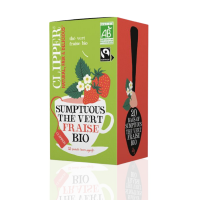 Une boîte de thé vert fraise bio Clipper de 20 sachets.